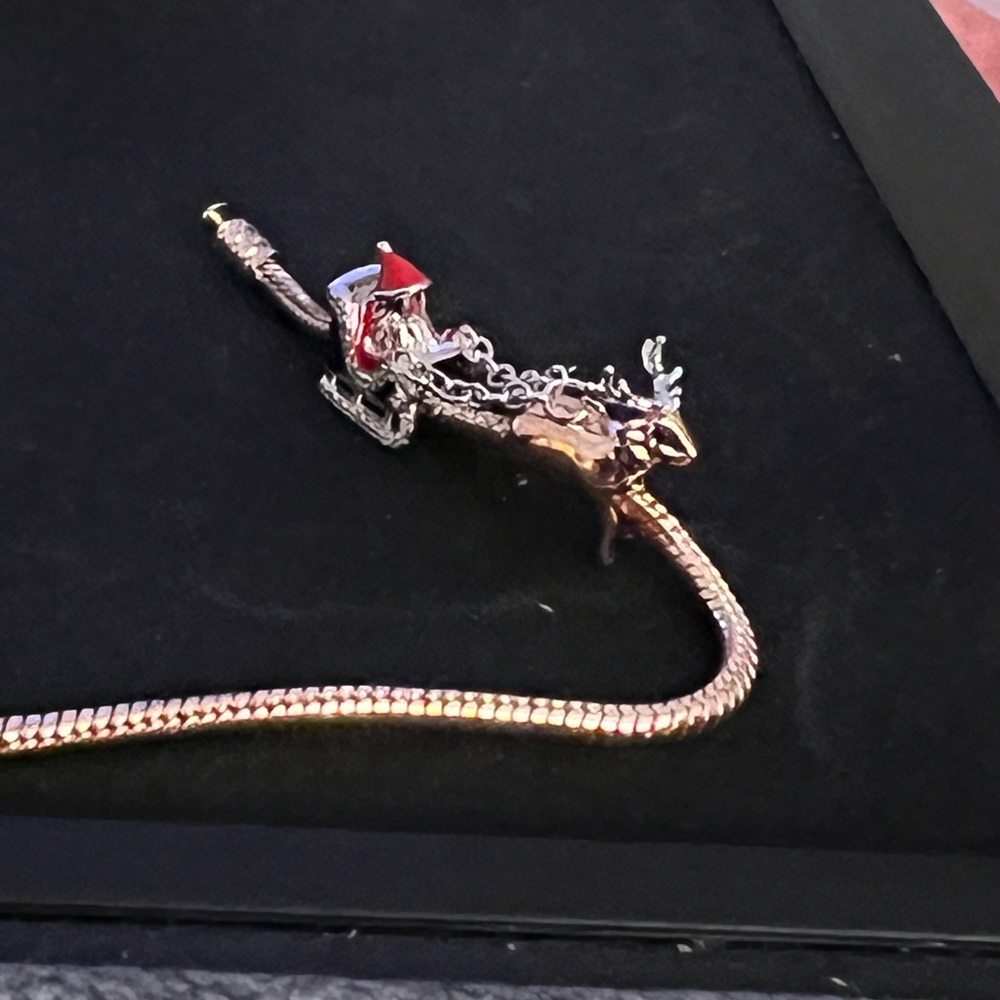 Double Christmas Charm Silver Santa Claus Charm Chained To A Reindeer Charm - Picture 6 of 7